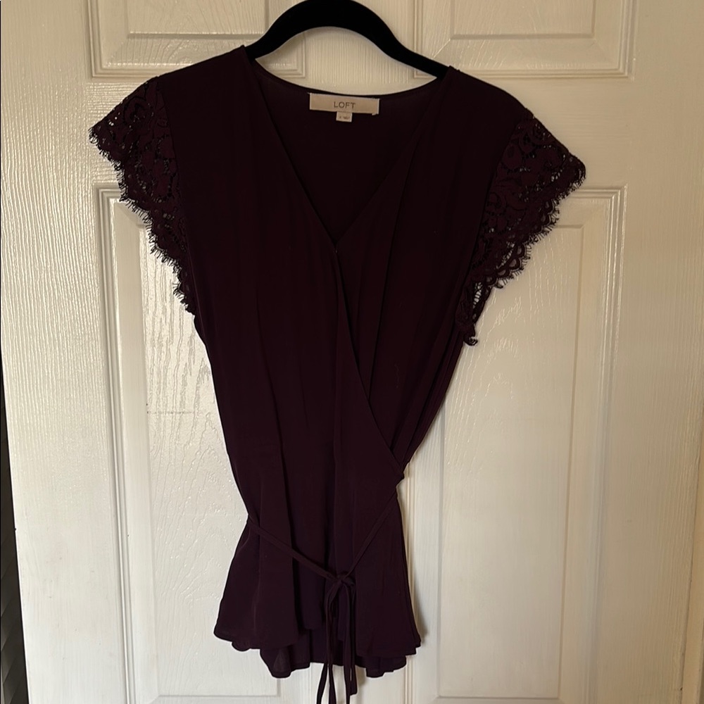 LOFT Purple Flutter Sleeve Wrap Blouse